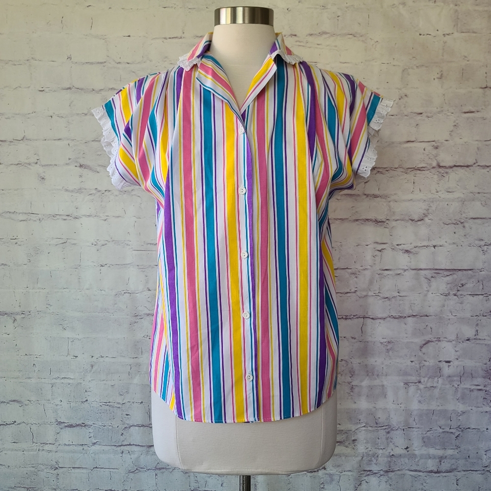 Vintage 80s J.F.I. Colorful Stripe Short Sleeve Button Front Top Lace Trim Small - Picture 2 of 11